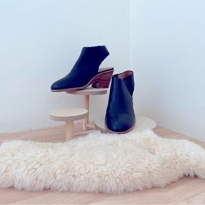 Sling back black leather booties with stacked block heel